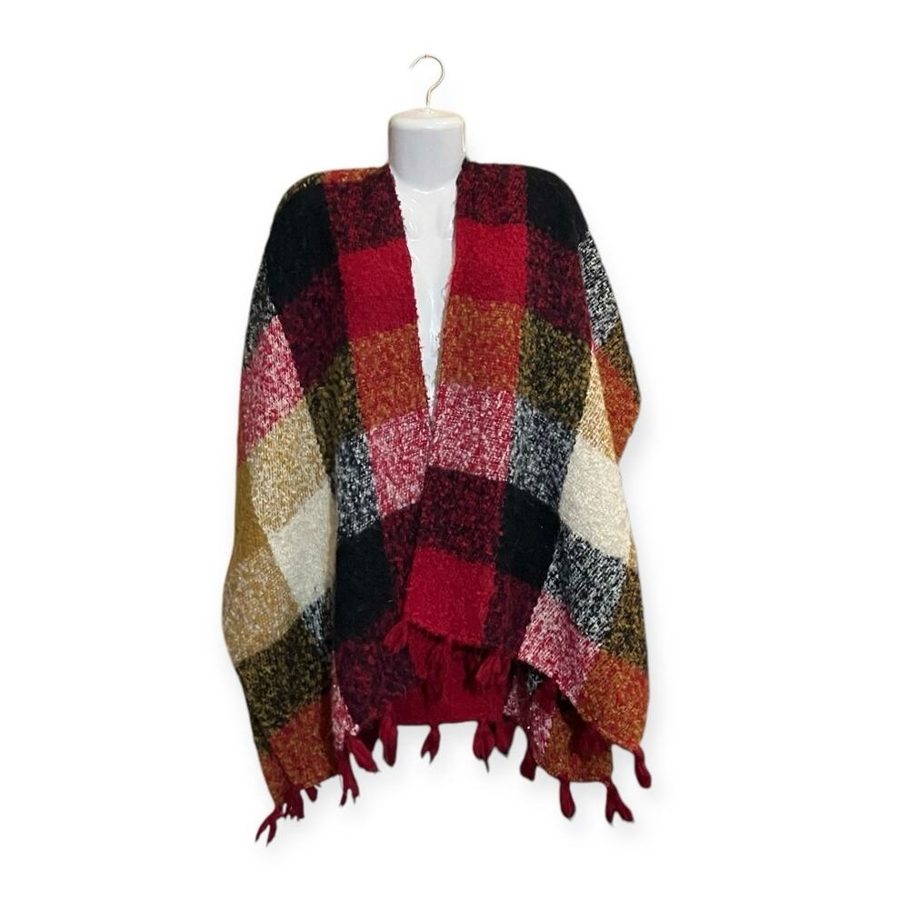 Quagga Women's Red, Gray, Tan, Black Checkered Oversized Shawl/ Cape One Size